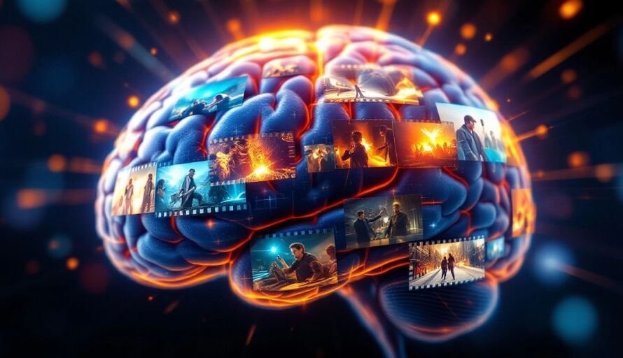 Image of a brain with movie scenes overlay.