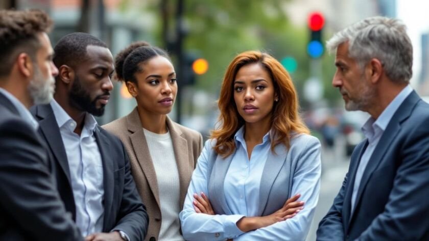 Group of clinical psychologists in professional attire discussing.