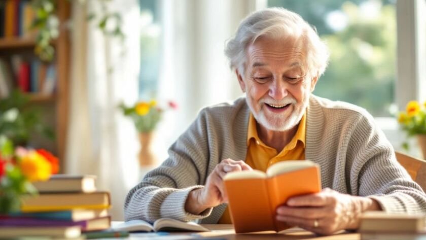 Elderly person reading in a cozy, well-lit room.