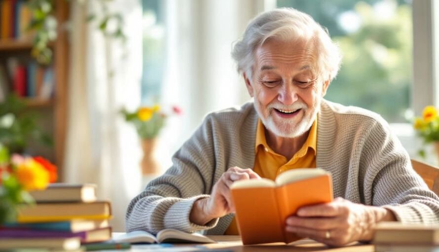 Elderly person reading in a cozy, well-lit room.