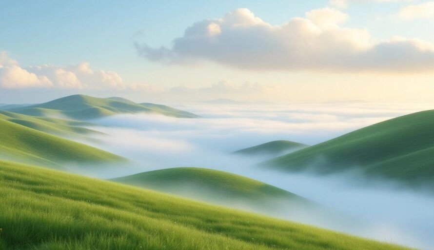 Peaceful landscape with soft clouds and gentle hills.